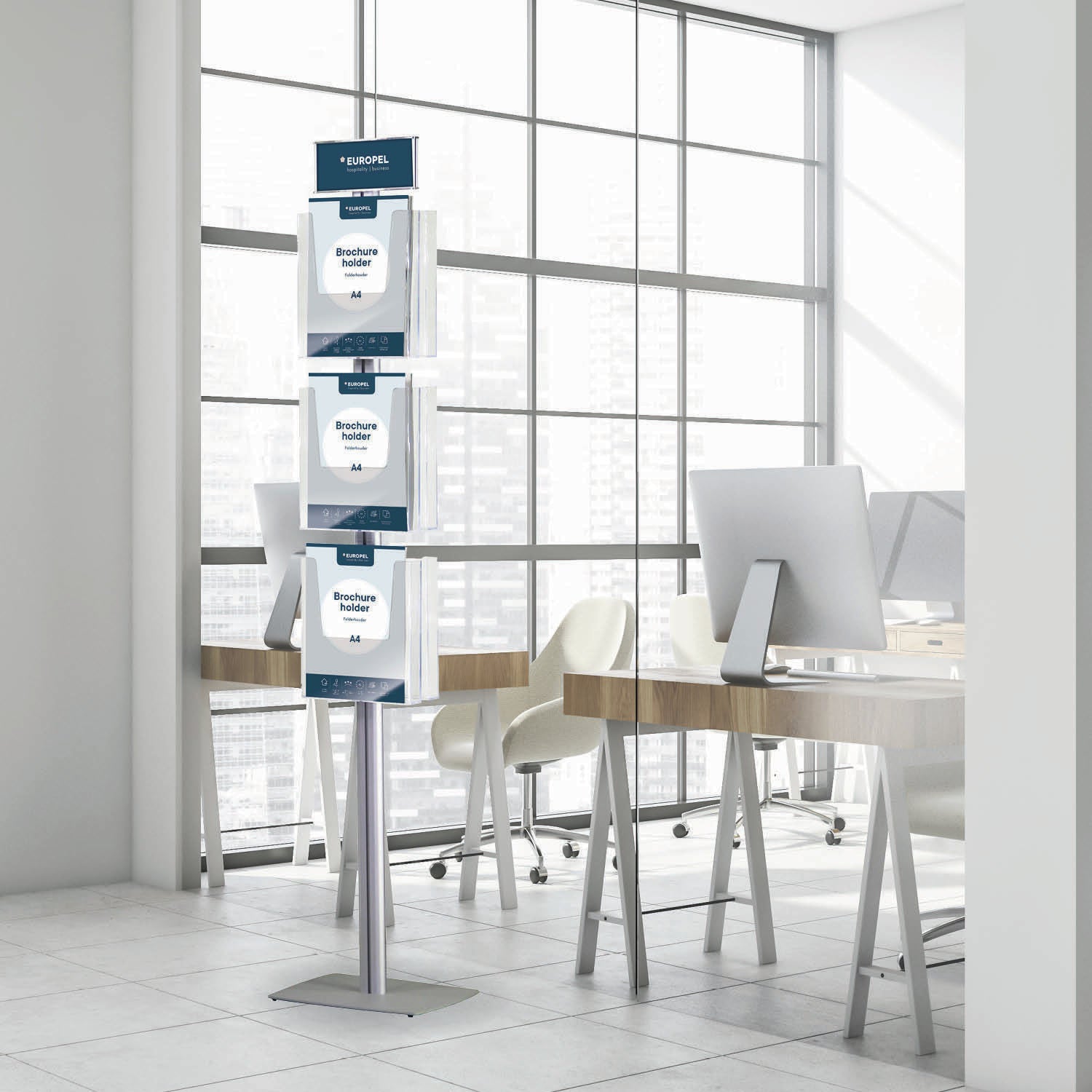 Europel Infoständer A4 – 6 Fächer – Acryl, Stahl, Silber, Transparent – 300×1493×250 mm – 350501