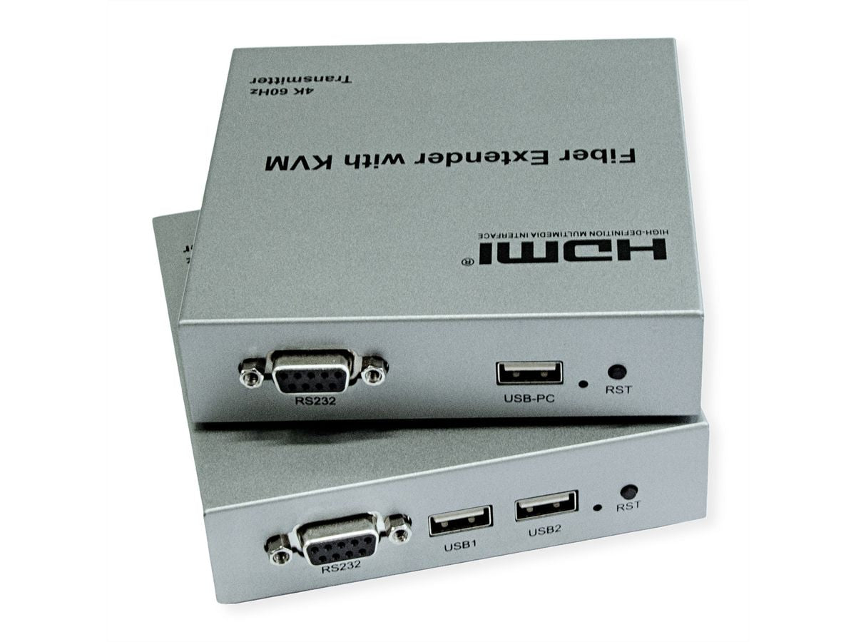 ROLINE KVM-Extender über LWL – 4K (3840 × 2160) @ 60 Hz, HDMI, USB, bis 20 km, 2× SFP, IR/RS-232 – Silber