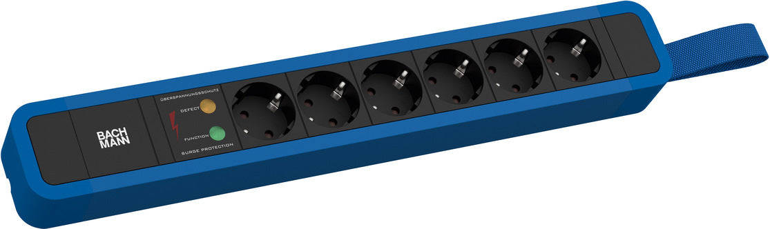 Bachmann Steckdosenleiste – 6× Schuko (Typ E/F), 2 m, mit Überspannungsschutz, Schwarz/Blau