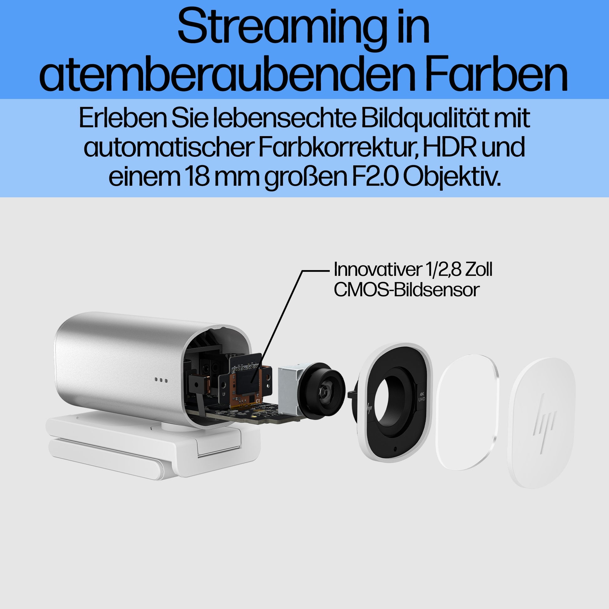 HP 960 – Webcam – 4K, bis 30 fps, USB‑A, Autofokus, 5× digitaler Zoom, Stereo-Mikrofon, Silber