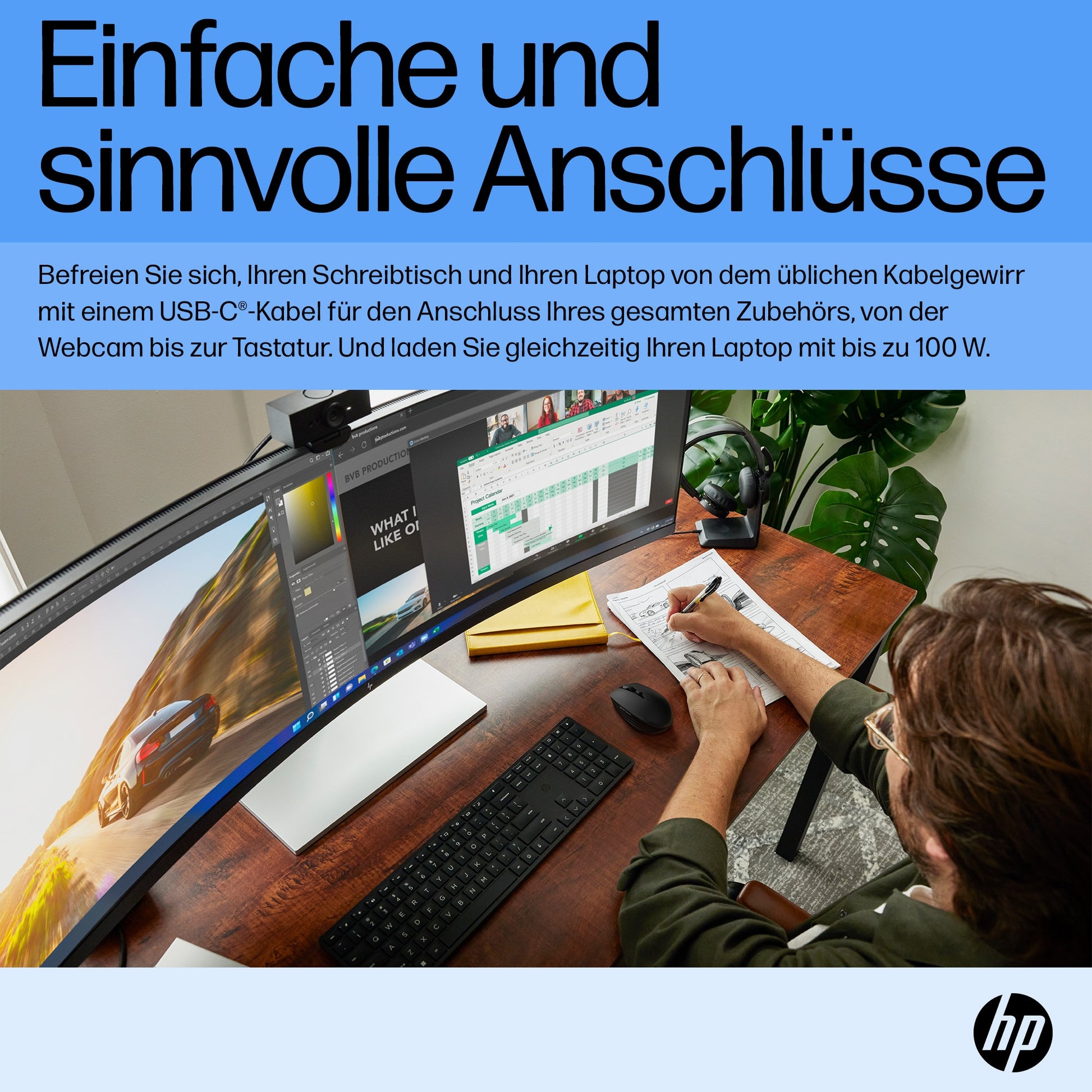 HP E45c G5 – Monitor, 44,5", VA, 165 Hz, 400 cd/m², USB-C, Gebogen, VESA 100 × 100, Schwarz