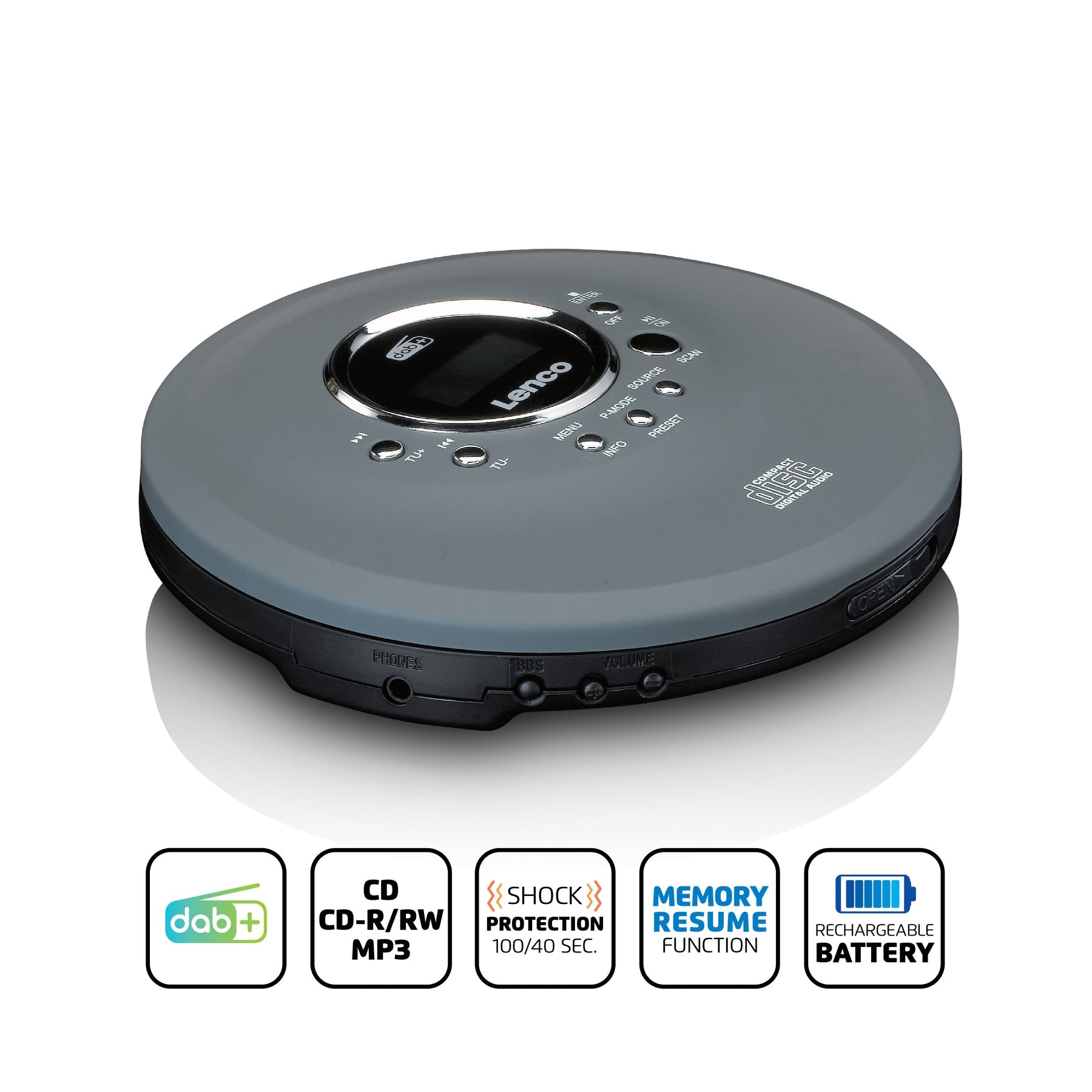 Lenco CD-400GY – CD-Player – Portabel – DAB+, Akkubetrieb – Anthrazit
