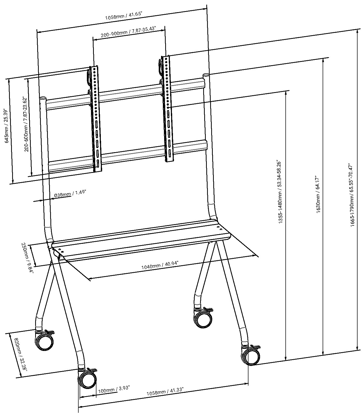 Vision TV-Wagen – 55–100" – VESA 200×200–900×600 – bis 100 kg, mit Rollen – VFM-F12