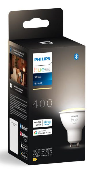 Philips Hue Smart-Leuchtmittel GU10 – Warmweiss 2700 K, 400 lm, 4,2 W, Bluetooth/Zigbee – 1 Stk.