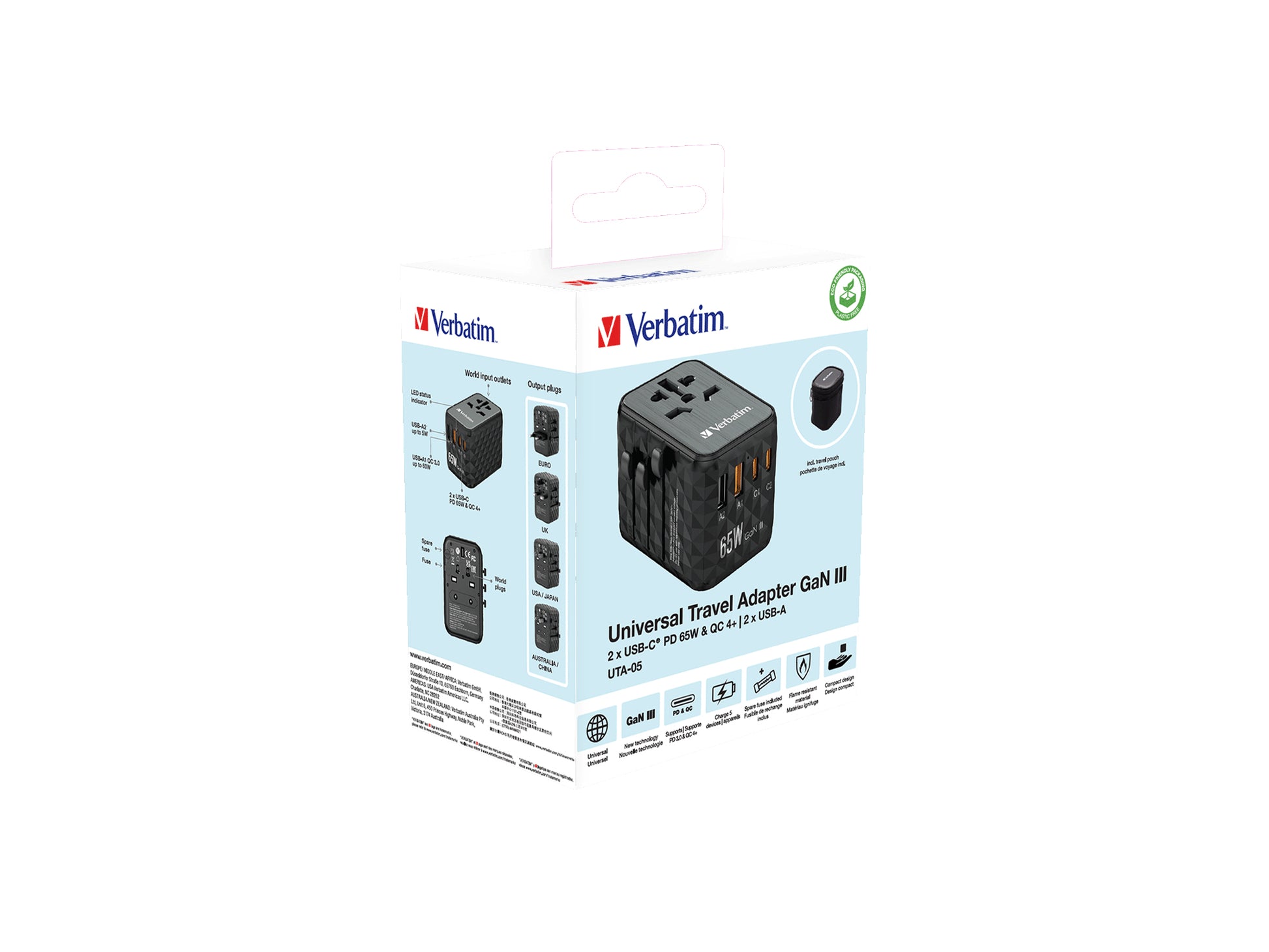 Verbatim Reiseadapter – UTA-05 GaN III Universal, PD 65 W, QC 4+, 2× USB-A, 2× USB-C, Schwarz