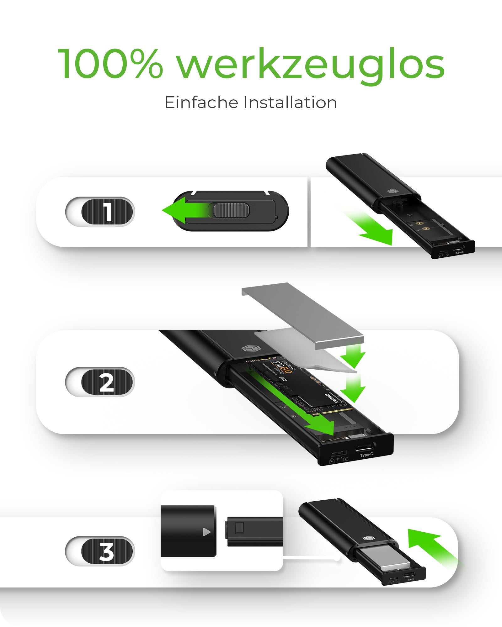 ICY BOX IB-1807MT-C31 – 1-Bay M.2 NVMe SSD-Gehäuse – USB 3.2 Gen 2, USB-C, für M.2 (30/42/60/80 mm)