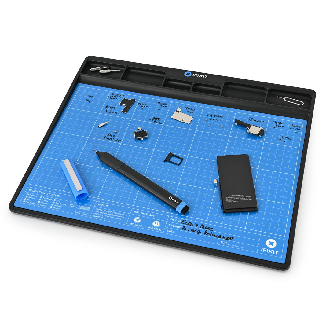iFixit Magnetmatte – antistatisch, mit Stift, mit Bithalter, schwarz/blau/weiss, B 250 × H 11 × T 300 mm