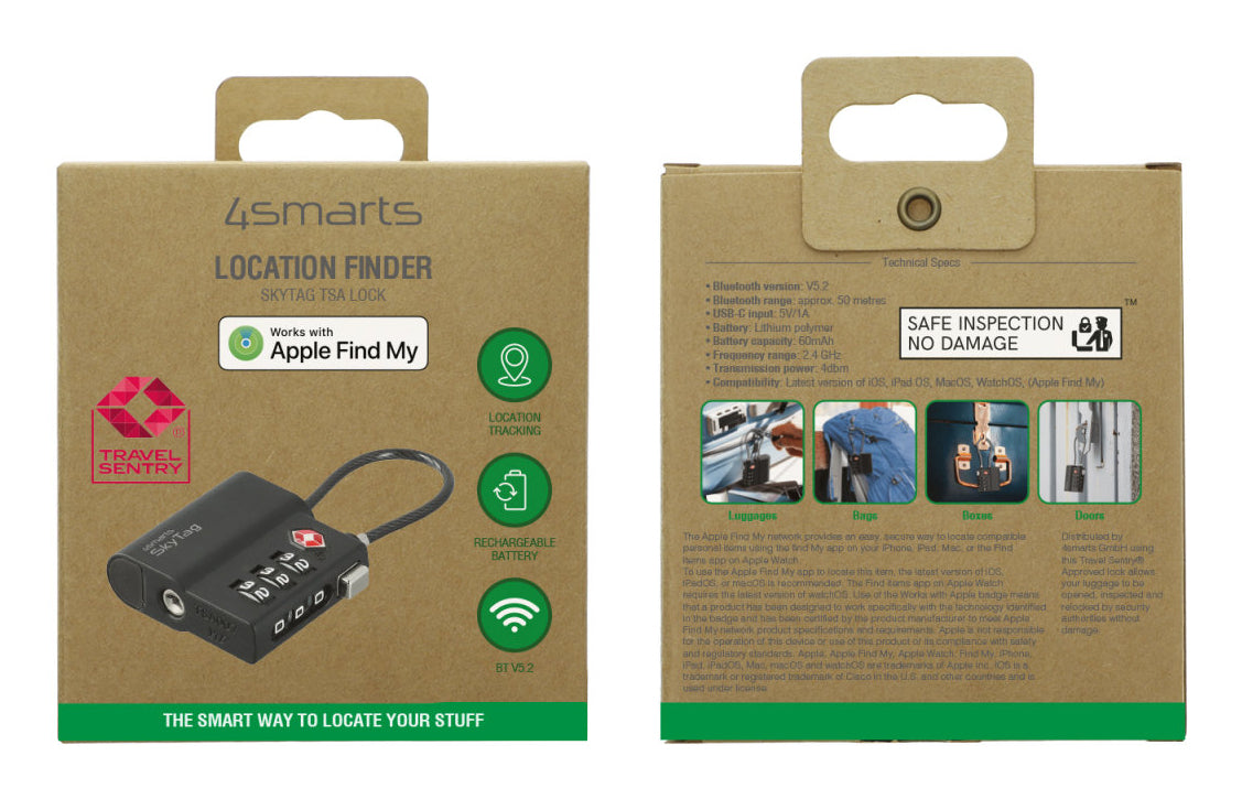 4smarts Smart-Gepäckschloss (Zahlenschloss) – mit Apple Find My, Bluetooth, IPX4 – 46×14×42 mm – schwarz