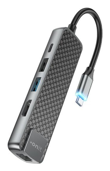 ONIT F00834 Multiport-Adapter – USB-C, 1× HDMI, 2× USB-A, 1× USB-C, 60 W PD, für Windows/Mac/Android