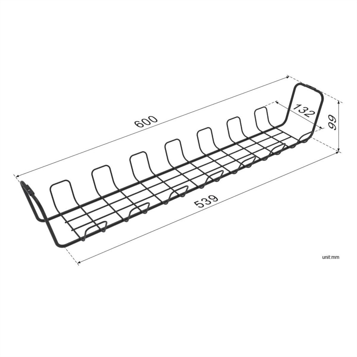 ROLINE Untertisch-Kabelwanne – 600 × 132 × 99 mm – Schwarz, Untertischmontage, 2 Stk.