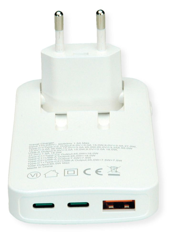 ROLINE USB-Ladegerät 65 W – USB-C×2, USB-A×1 – EU-Stecker (Typ C)