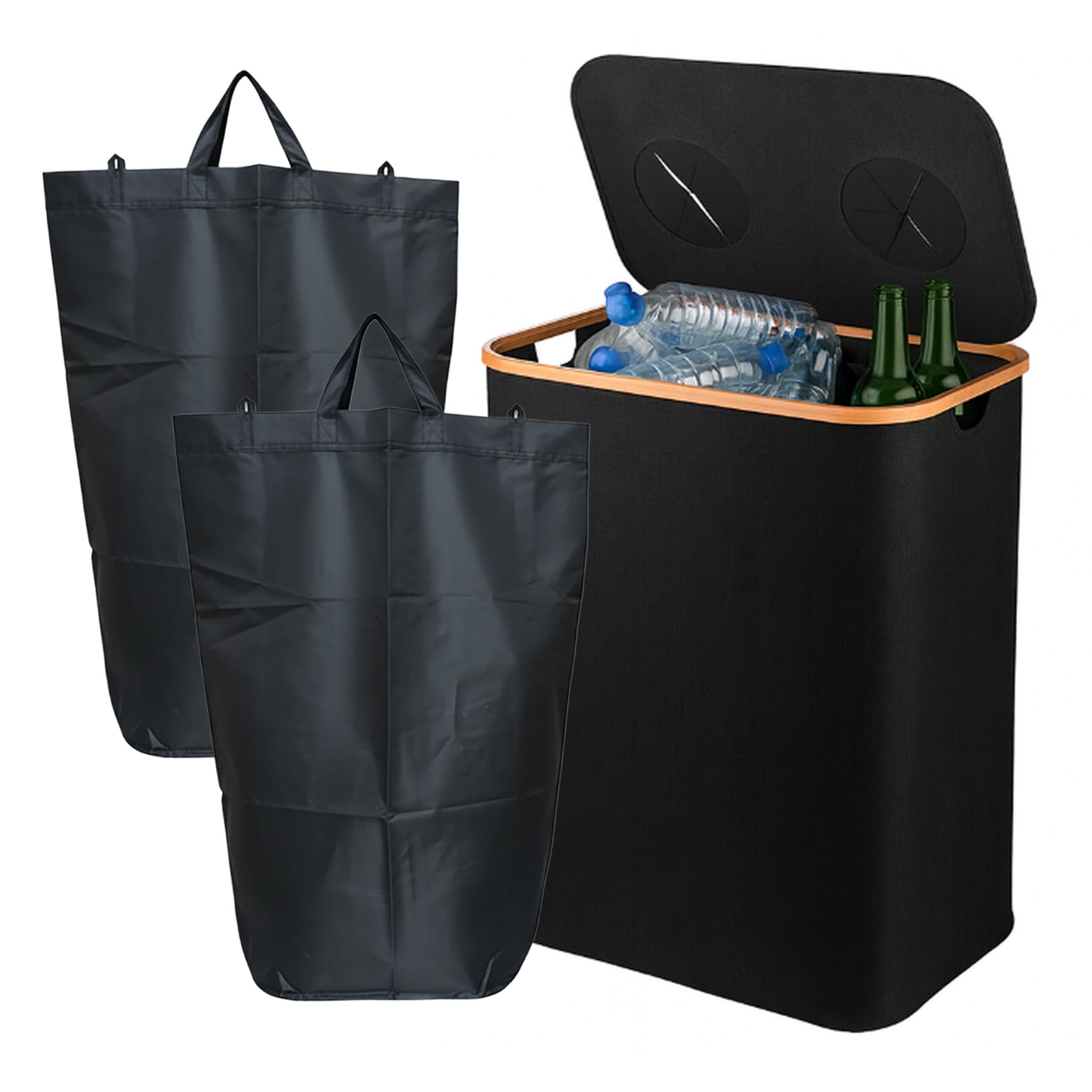 Relaxdays Recyclingbox – 140 l – Polyester (PES)/Bambus, rechteckig – schwarz – 2-fach, abnehmbarer Container