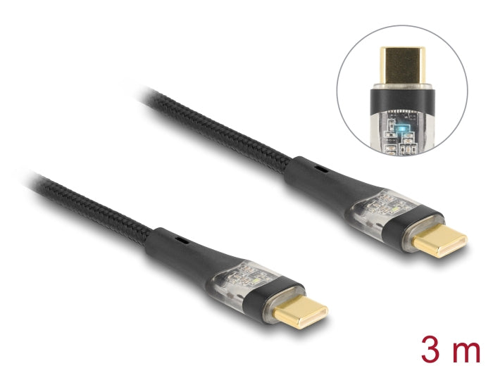 DeLOCK USB-C auf USB-C Kabel – USB 2.0 (480 Mbit/s) – 3 m – PD 100 W – Textilmantel, Leuchtend – Schwarz