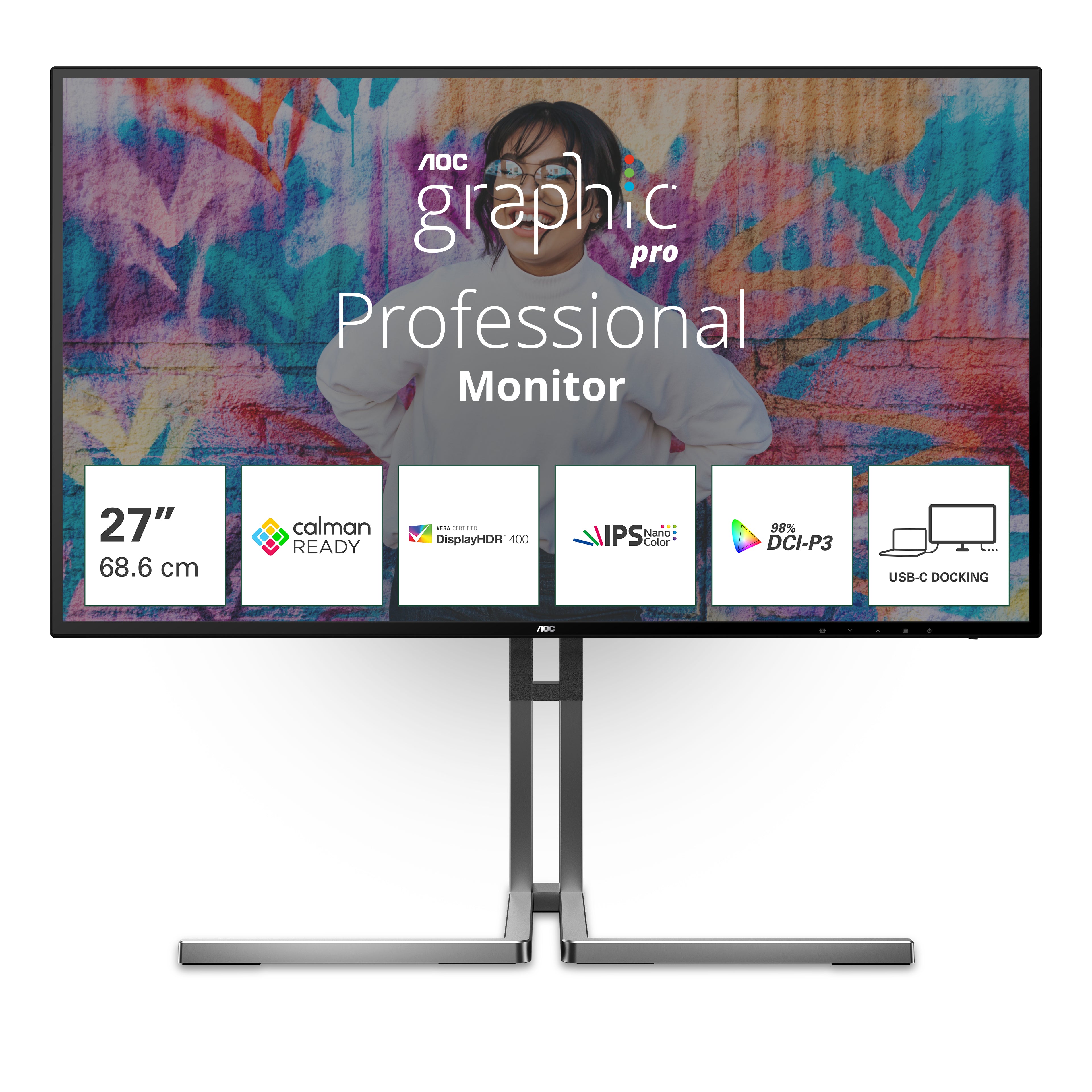 AOC U27U3CV – Monitor, 27", Nano-IPS, 60 Hz, 350 cd/m², 2× USB-C, KVM, Lautsprecher, VESA 100 × 100, Schwarz