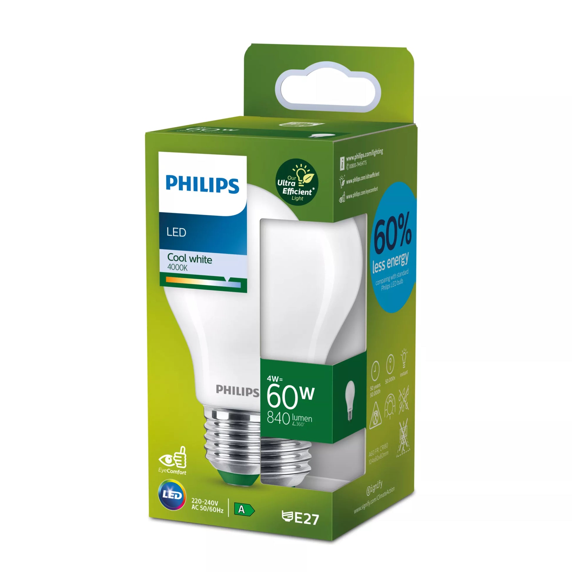 Philips by Signify Philips LED-Leuchtmittel E27 A-Form – Neutralweiss 4000 K, 840 lm, 4 W – 1 Stk., Weiss, Glas