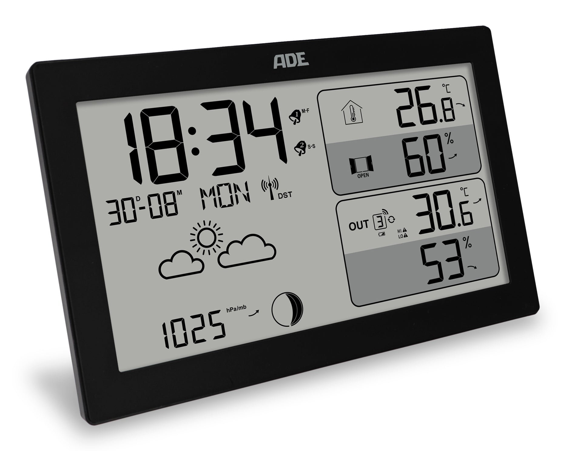 ADE WS2325 – Wetterstation, inkl. Funk-Aussensensor, Display, Wecker – Schwarz (2er-Pack)