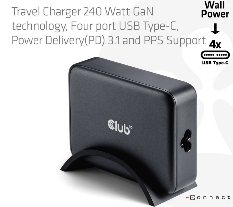 Club3D CAC-1918 Reiseladegerät 240 W GaN – 4 × USB-C, Schwarz