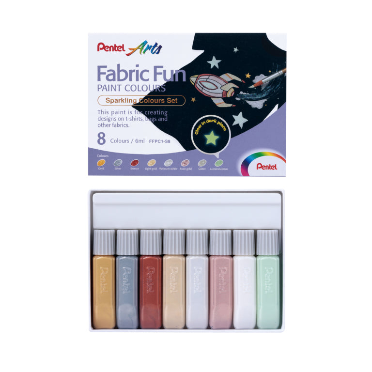 Pentel Textilfarbe – Mehrfarbig, schnelltrocknend – 8 Farben (8×6 ml, 48 ml) – für Stoff
