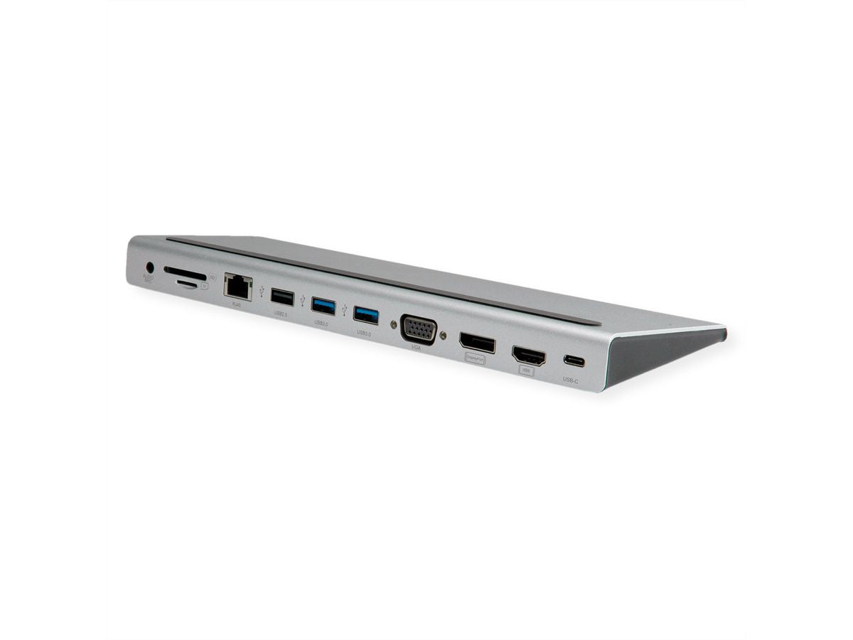 VALUE Dockingstation – USB-C, DP/HDMI/VGA, 3× USB-A, GbE, SD/microSD, 3,5 mm Audio, für Windows/Mac