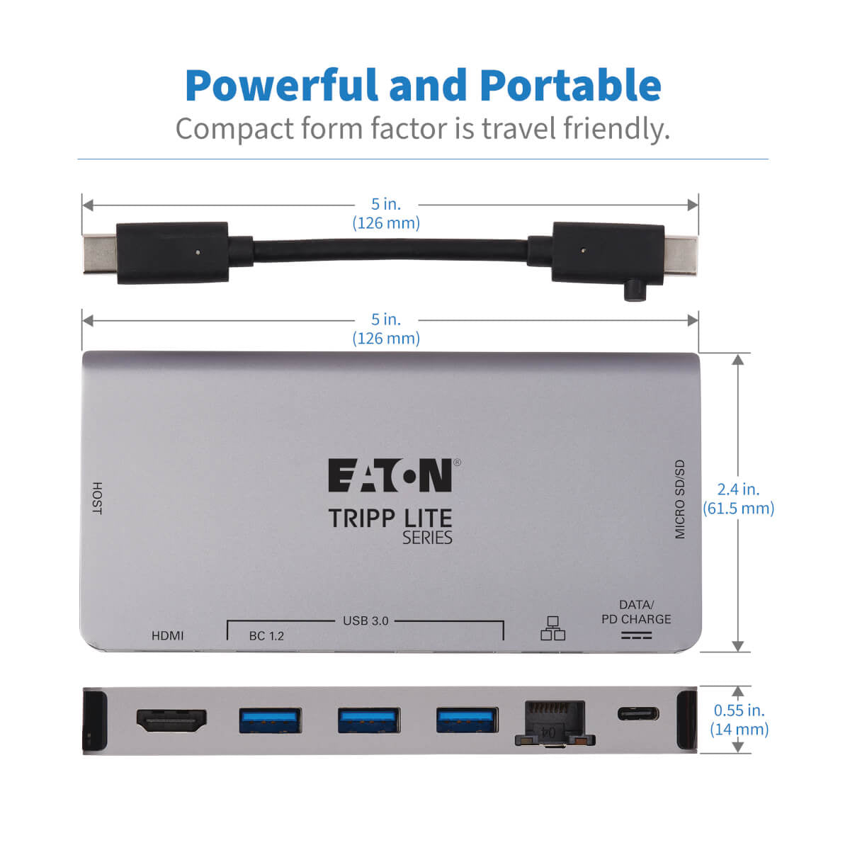 Tripp Lite U442-DOCK5D-GY Dockingstation – USB-C, 1× HDMI, 3× USB-A, 1× USB-C, 100 W PD, GbE, SD/microSD