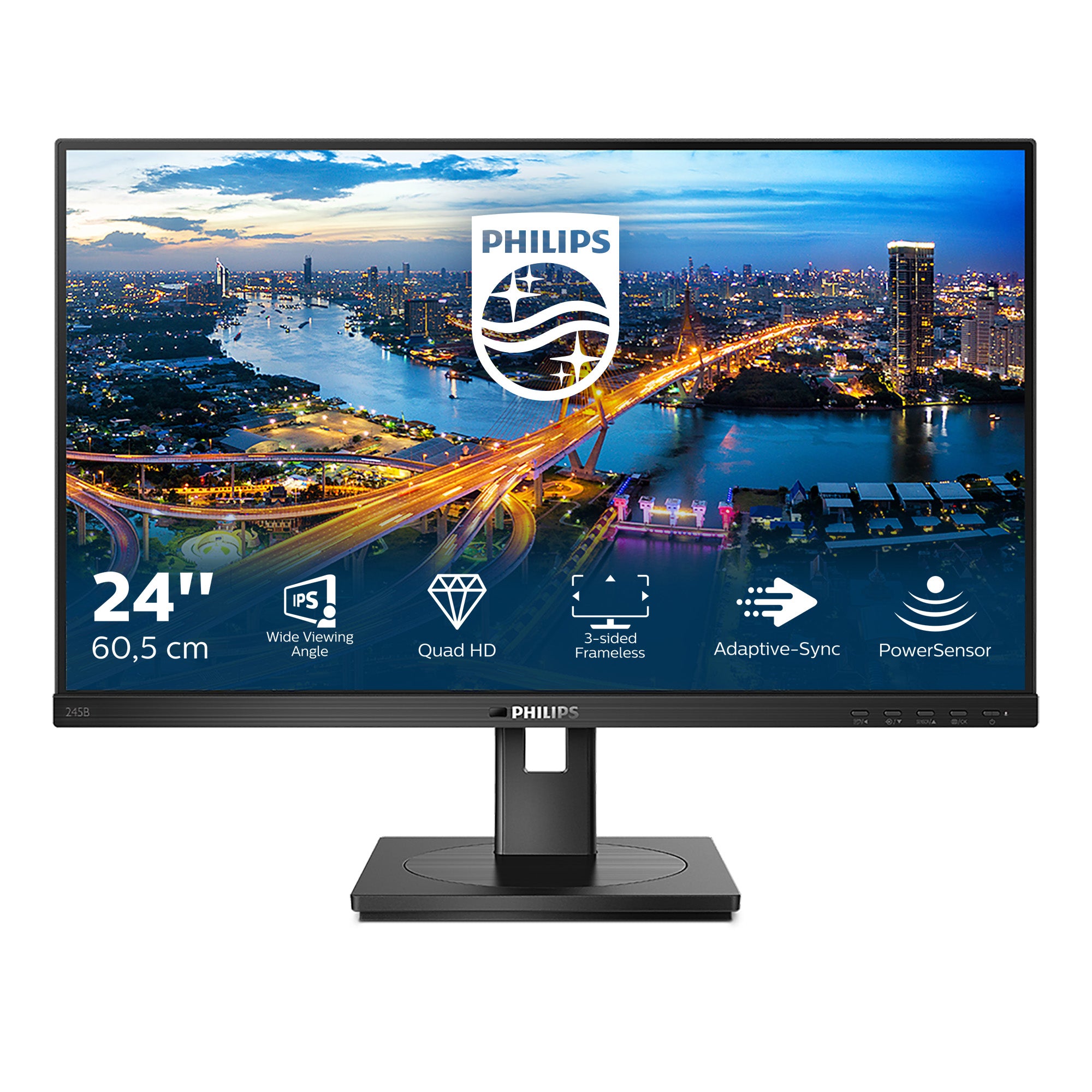 Philips 245B1/00 – Monitor, 23,8", IPS, 75 Hz, 250 cd/m², USB-Hub (4× USB 3.0), VESA 100 × 100, Schwarz