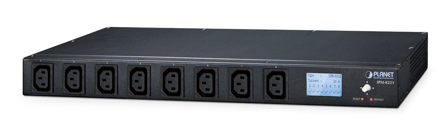PLANET Rack-PDU – 1U, 8× IEC C13/C19, 100–240 V/16 A, Managed, schwarz
