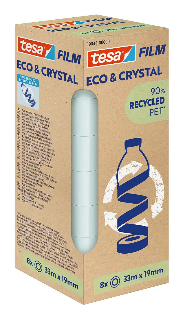 TESA Eco & Crystal Klebefilm – 19 mm × 33 m, transparent, PET, reissfest, 8 Stück