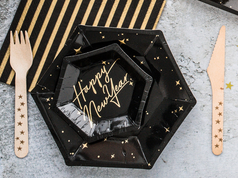 PartyDeco Teller Lets Celebrate, Papier/Karton Sechseck – Ø 20 cm, schwarz – 6 Stk.
