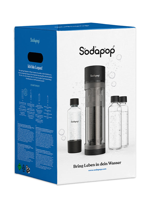 mySodapop Sodapop – Wassersprudler, 3 Flaschen (2× Glas, 1× Kunststoff), CO₂-Zylinder 0,6 l, Schwarz matt