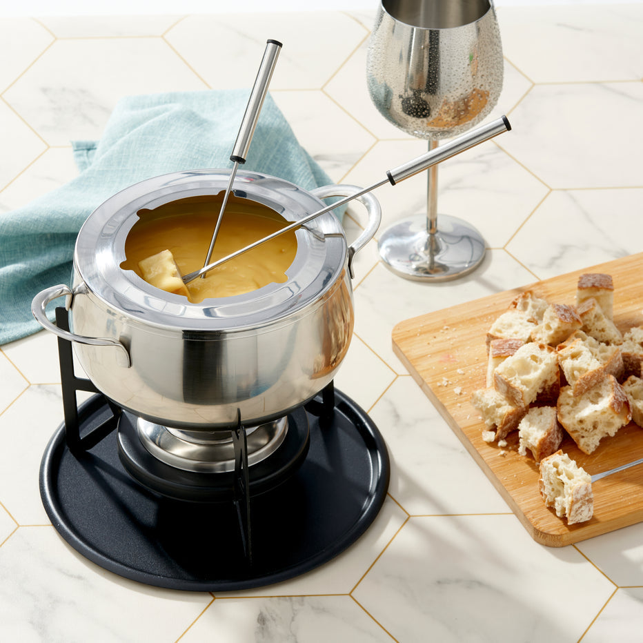 Oak & Steel Fondue-Set – Ø 16 cm, 6 Personen, 11 Teile, Edelstahl, für Käsefondue