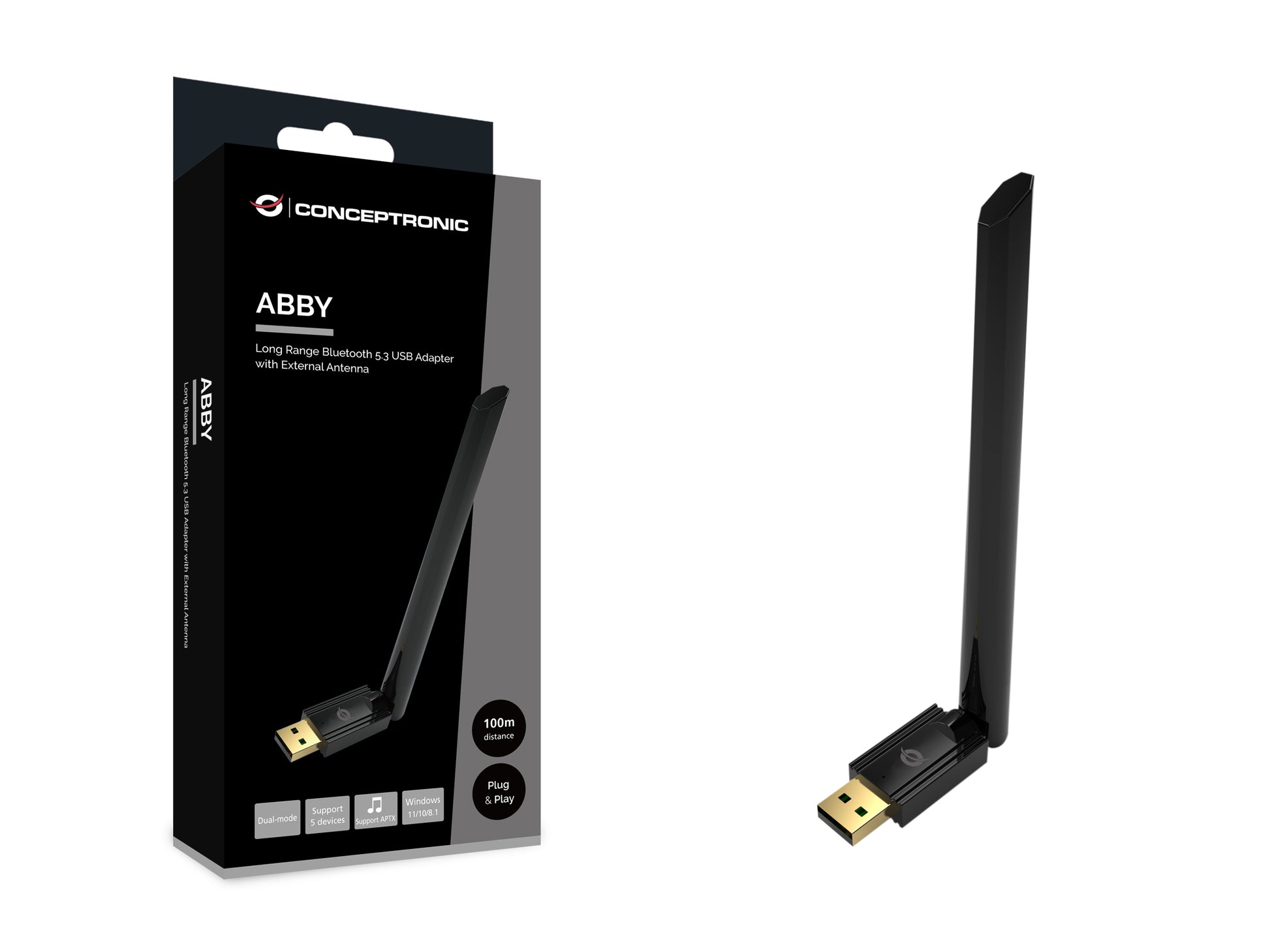 Conceptronic ABBY17B USB-Bluetooth-Adapter – Bluetooth 5.3, bis 100 m, 3 Mbit/s, externe Antenne – USB (gerade)