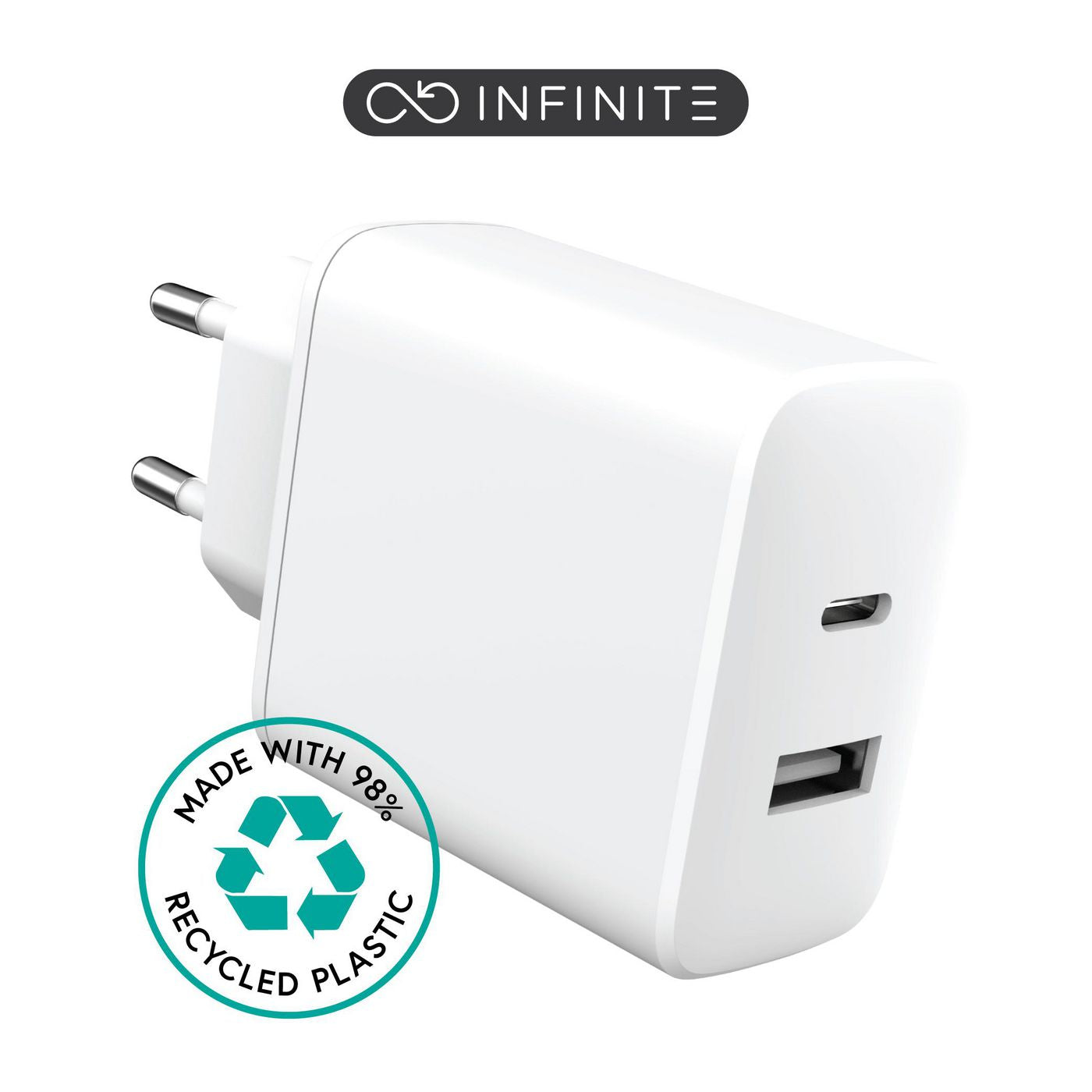 eSTUFF INFINITE (GRS) USB-Wandladegerät 20 W – USB-C×1, USB-A×1 – PD, QC 3.0 – EU-Stecker (Typ C) – Weiss
