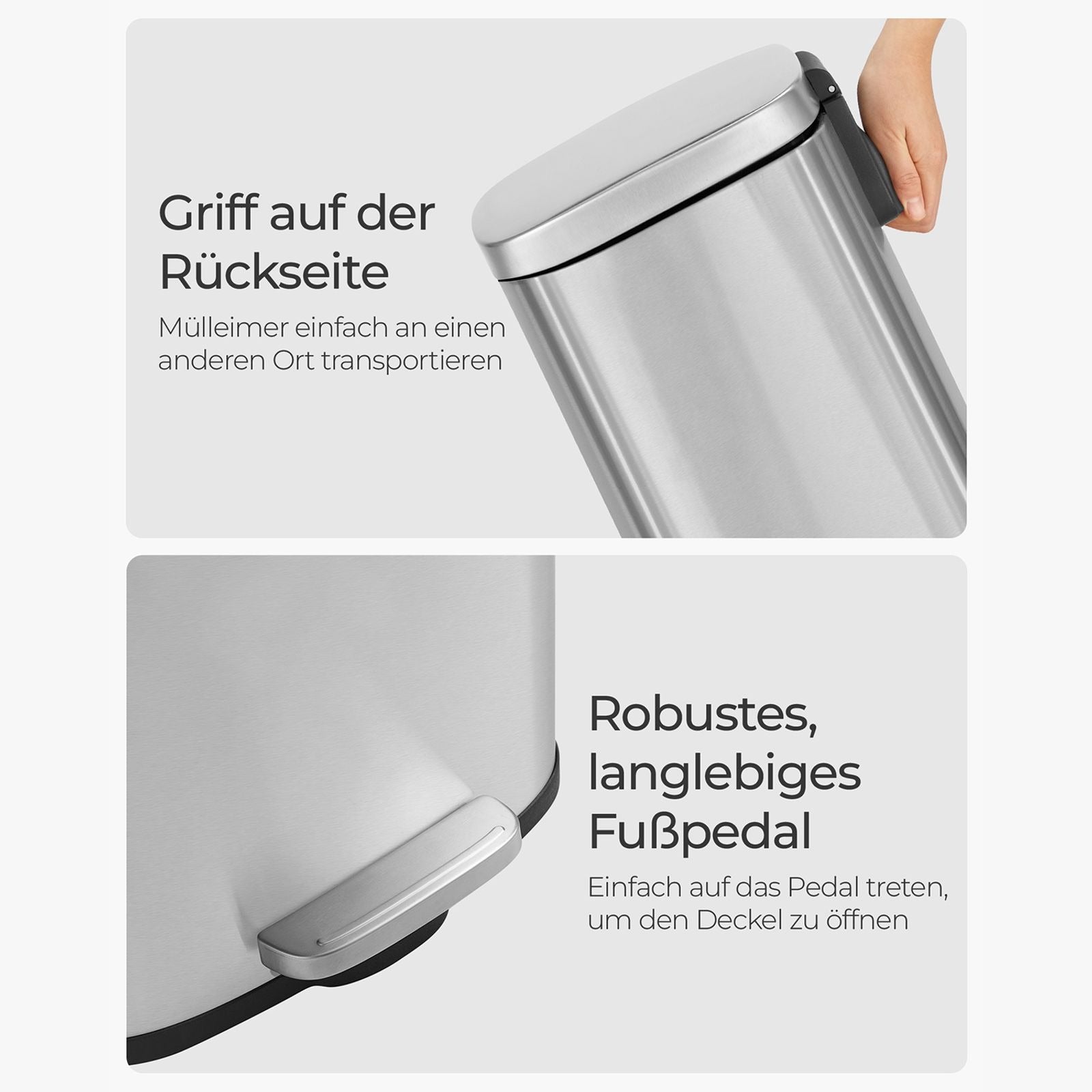 Songmics Papierkorb – 30 l – Stahl, Silber – Ø 350 × H 635 mm