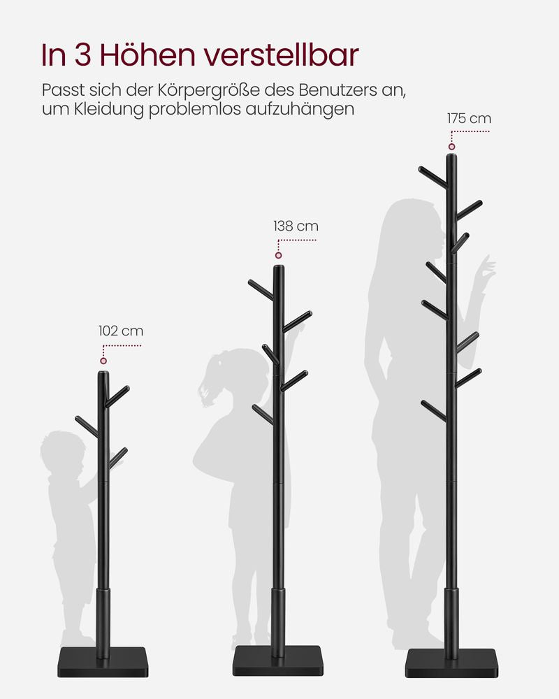 Vasagle Garderobenständer – 8 Haken, Gummibaumholz/MDF, Schwarz, 30 × 30 × 175 cm