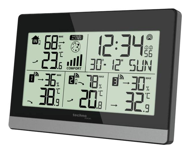Technoline WS 7065 – Wetterstation, innen/aussen, Hygrometer, bis 3 Aussensensoren – schwarz