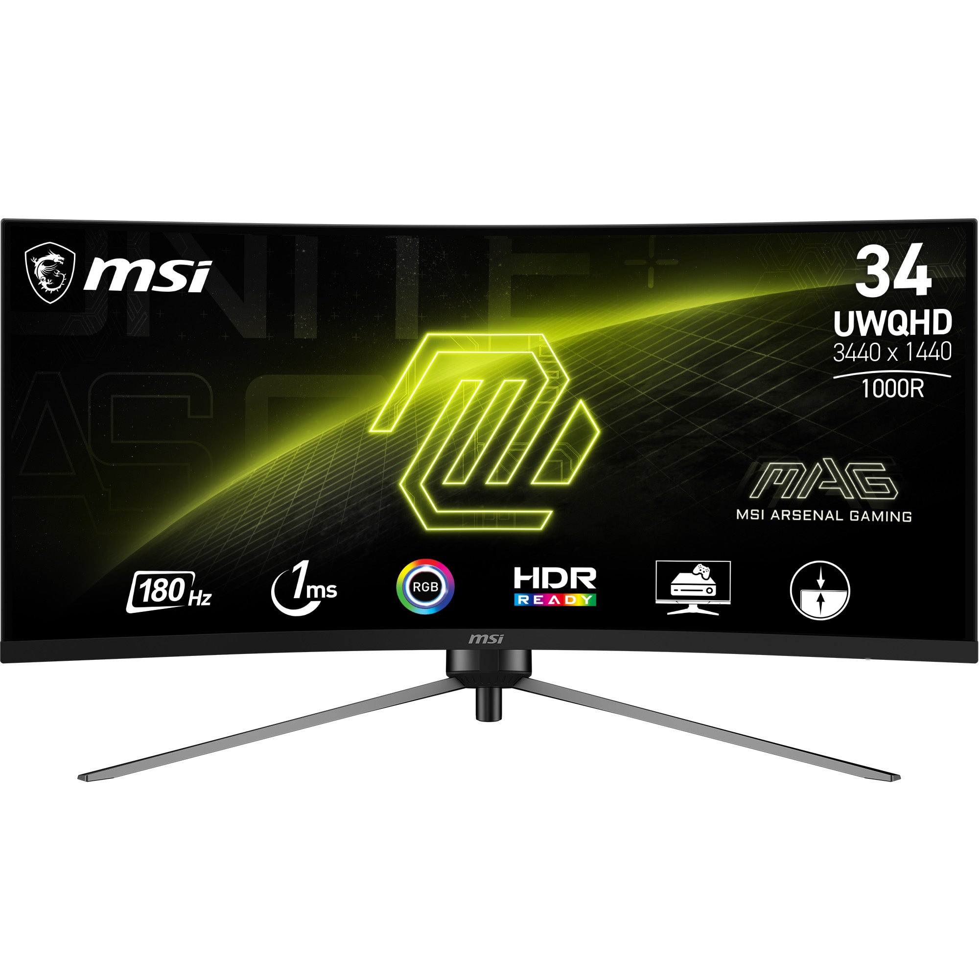 MSI MAG 345CQRDE – Monitor, 34", 3440 × 1440, VA, 180 Hz, 300 cd/m², Gebogen, USB-C, VESA 100 × 100, Schwarz