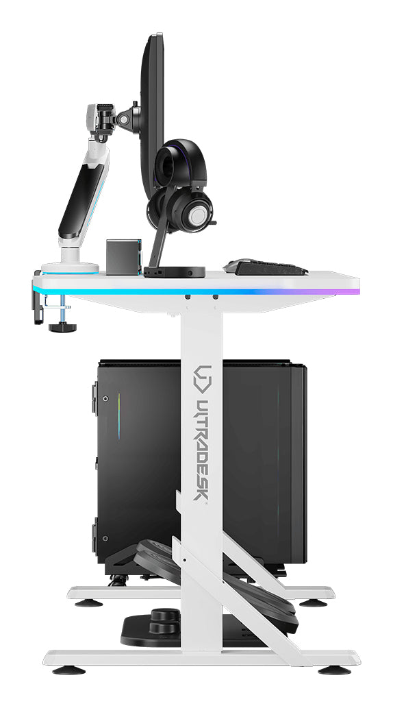 Ultradesk Iron Gaming-Tisch – 132,5 × 60,5 cm, höhenverstellbar, RGB-Beleuchtung, weiss, Stahl