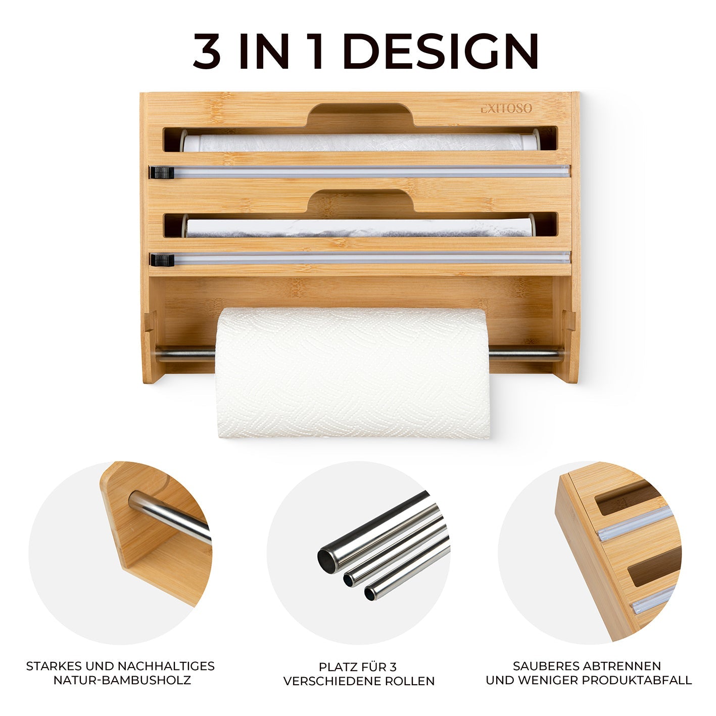 Exitoso Küchenrollenhalter, Holz, 10 × 37,3 × 24 cm, Braun, wandmontiert, für Alufolie und Plastikfolie