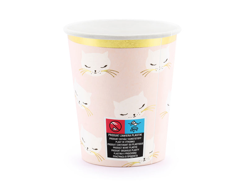 PartyDeco Becher, Papier – 2,0 dl, pink mit Kätzchen – 6 Stk.
