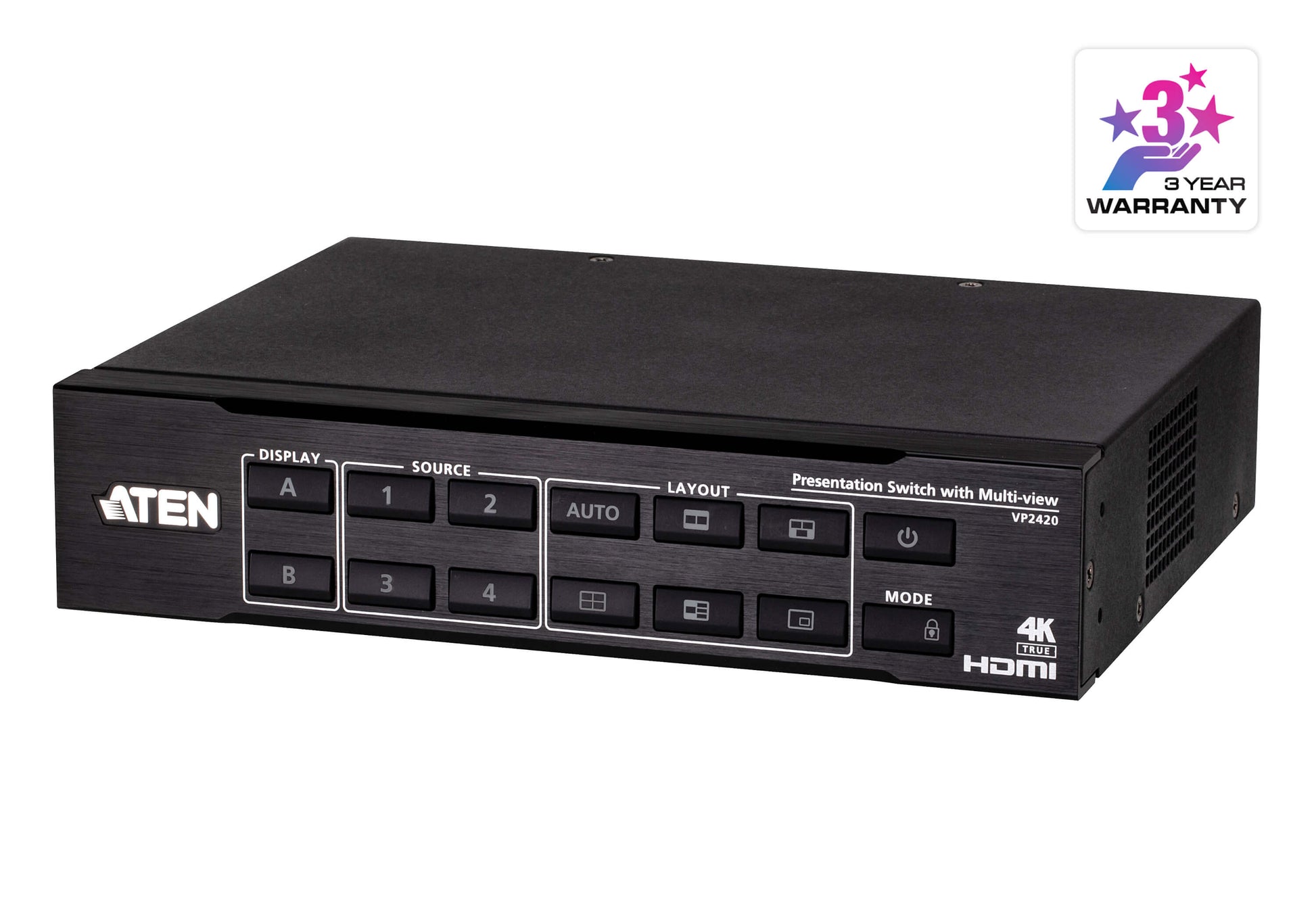 ATEN VP2420 – 4×2 HDMI-Matrix, 4K60, Fronttasten, RS-232, IR-Fernbedienung