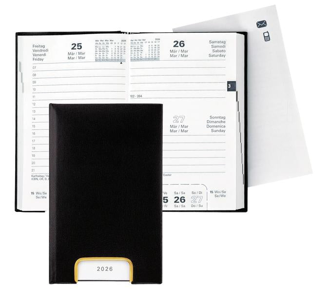 Biella Geschäftsagenda – 1 Tag pro Seite, gebunden, 10,1 × 16,0 cm, 2026, 1-Stunden-Takt, schwarz, FSC