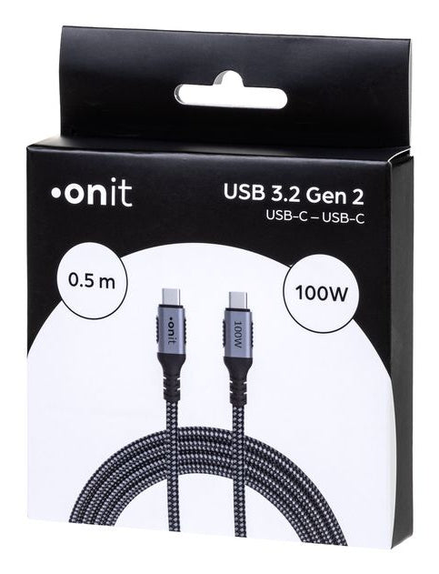 ONIT USB-C auf USB-C Kabel – USB 3.2 Gen 2 (10 Gbit/s) – 0,5 m – PD 100 W – Textilmantel – Schwarz/Grau