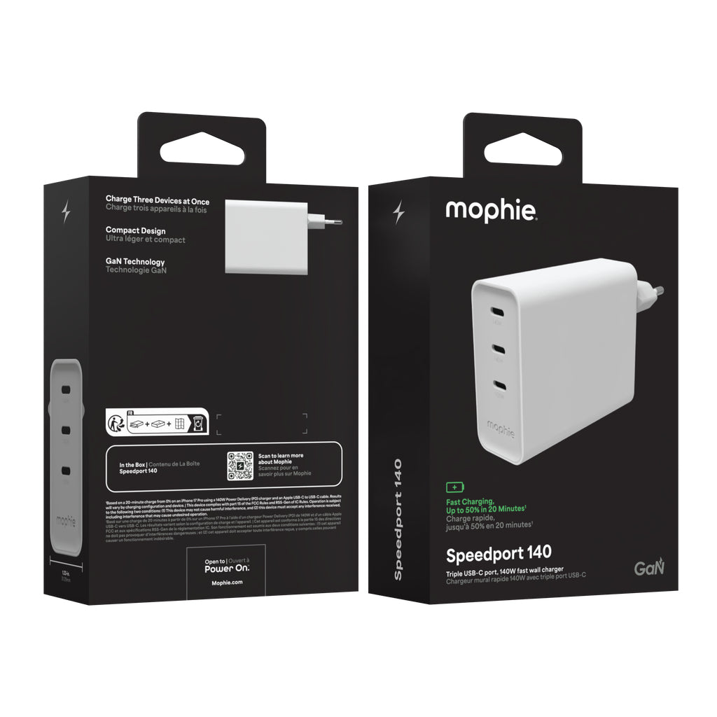 mophie Speedport 140 USB-Ladegerät 140 W – USB-C×3 – PD, GaN, EU-Stecker (Typ C) – Weiss
