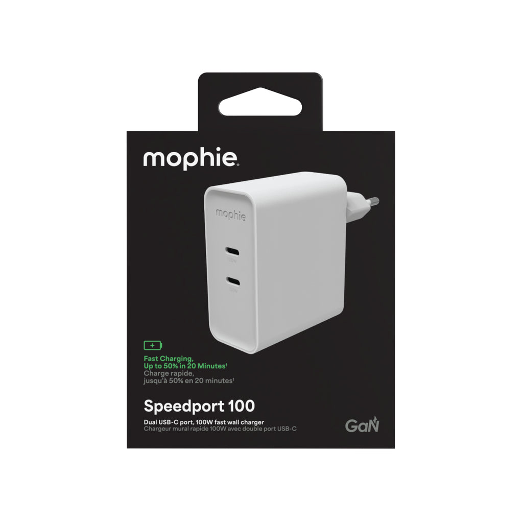 mophie Speedport 100 USB-Wandladegerät 100 W – USB-C×2 – PD, GaN, EU-Stecker (Typ C) – Weiss