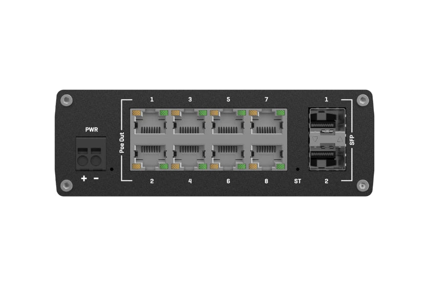 Teltonika TSW202 – Managed L2/L3 Switch – 8× 1G, 2× SFP, PoE+, PoE-Budget 240 W, DIN-Schiene