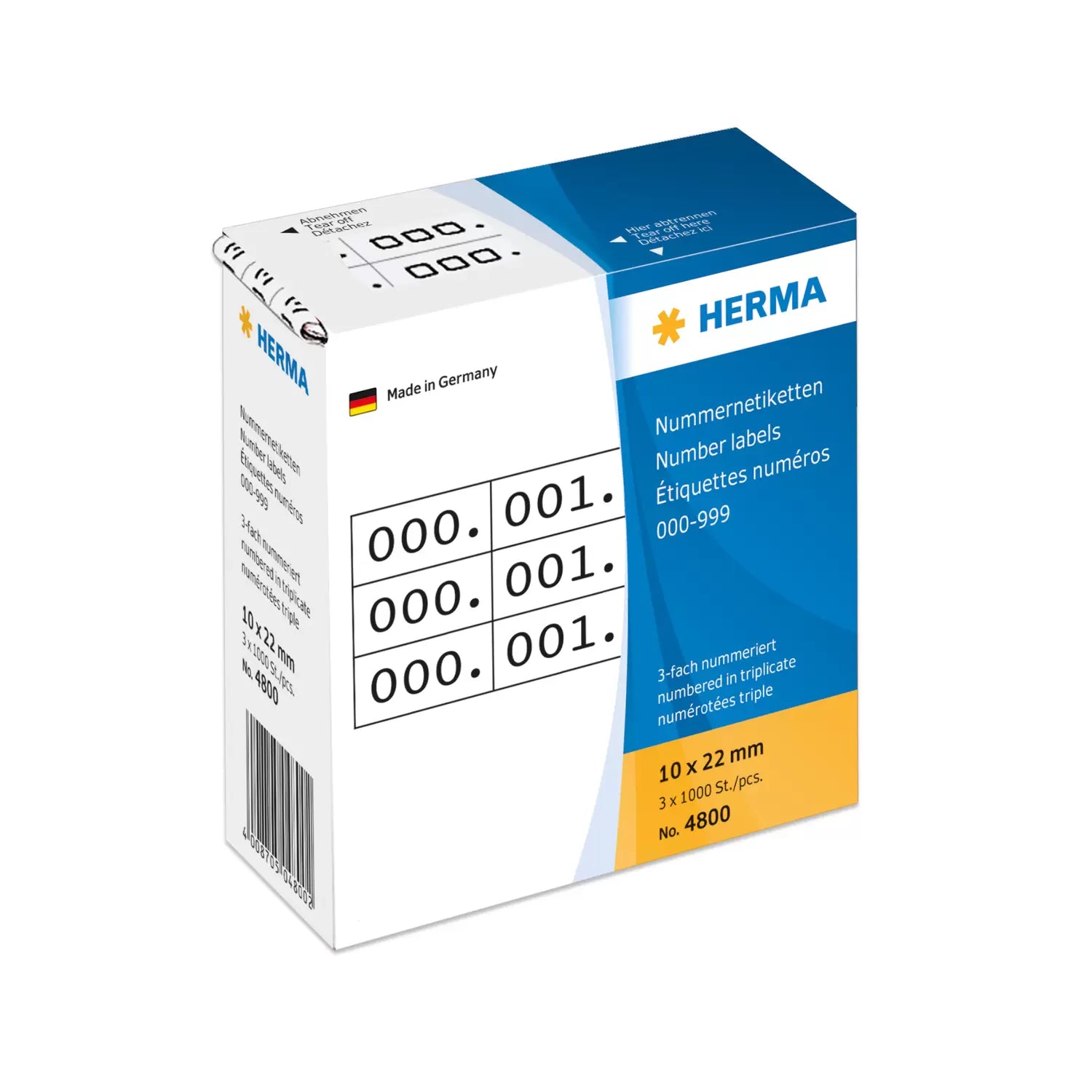 HERMA Nummernetiketten – rechteckig 10 × 22 mm, permanent, weiss/schwarz, Papier, 3 Rollen (3'000 Stk.)