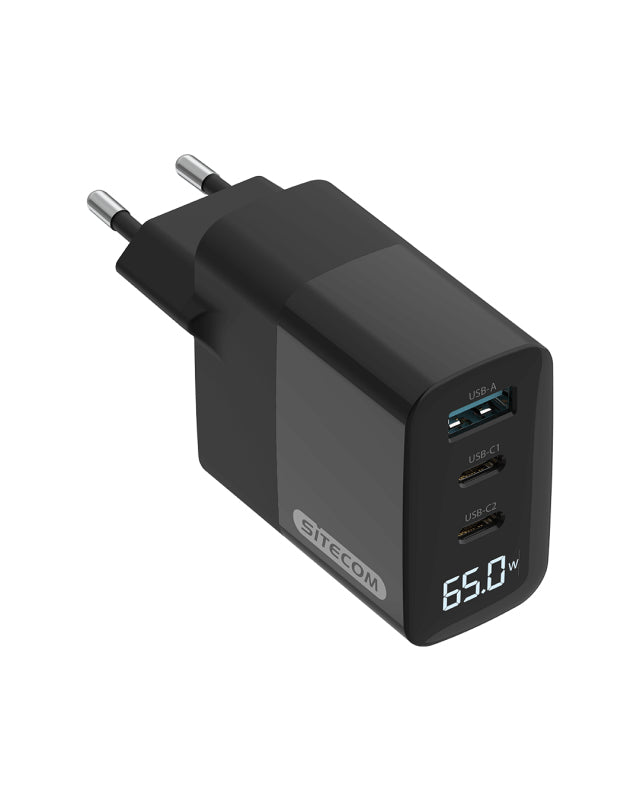 Sitecom CH-1002 USB-Ladegerät 65 W – USB-C×2, USB-A×1 – PD, GaN – EU-Stecker (Typ C) – Schwarz