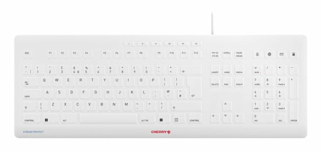 CHERRY Stream Protect – Tastatur – QWERTY (UK) – USB (kabelgebunden), Full-Size, Scherenschalter, Weiss