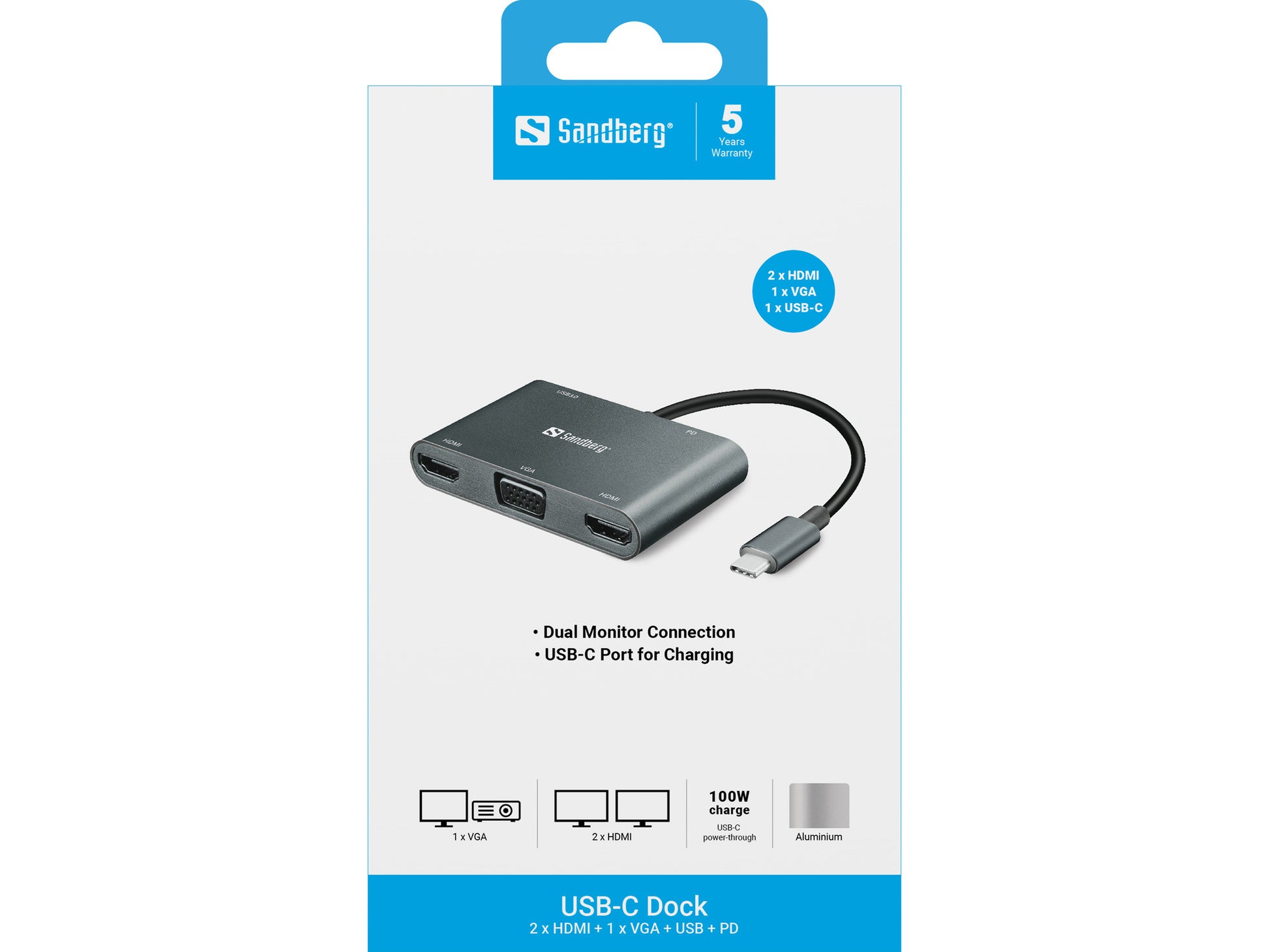 Sandberg Dockingstation – USB-C, 2× HDMI, 1× VGA, 1× USB-A