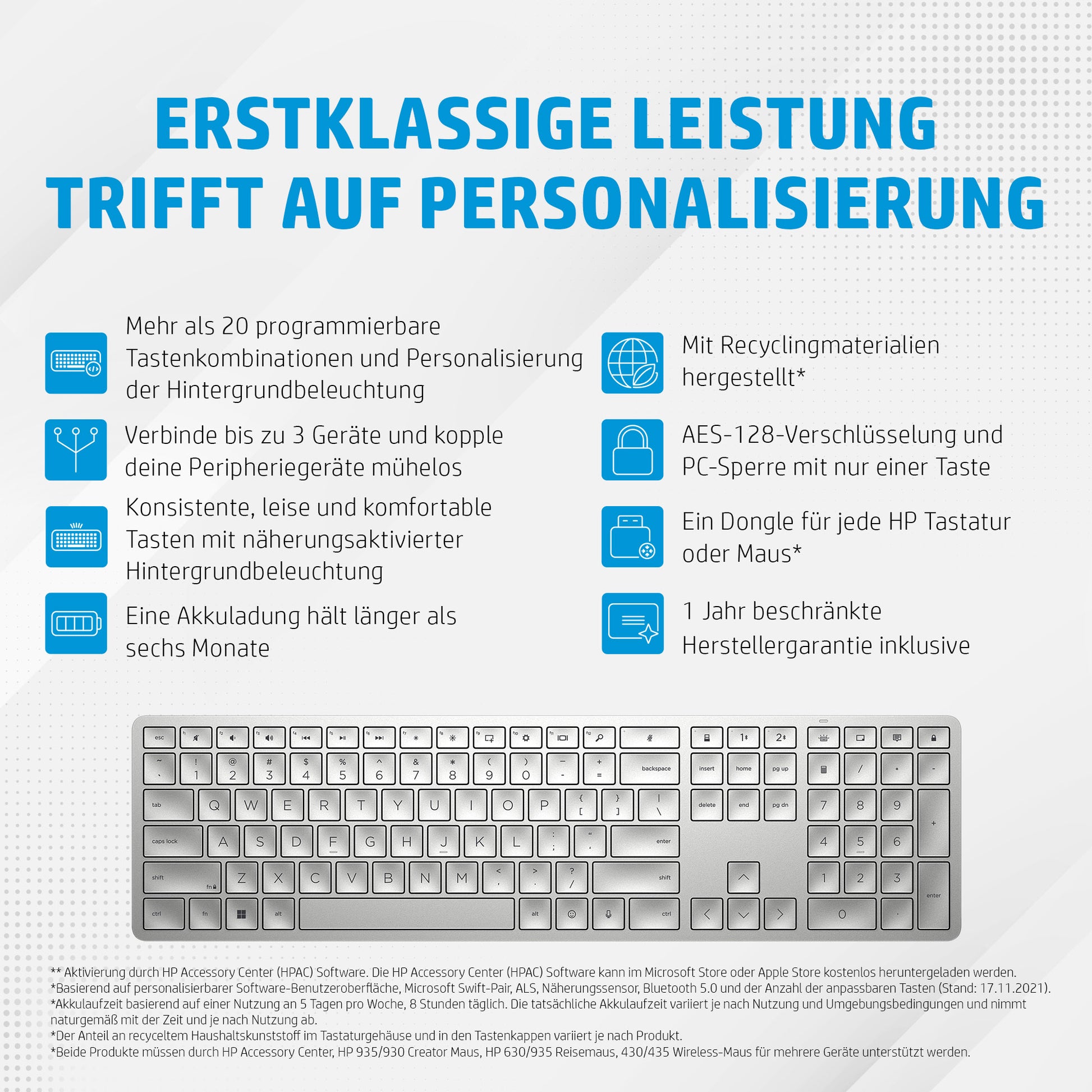 HP 970 Programmierbare Tastatur – Bluetooth – Multi-Device, USB-C Ladeport – Silber – für PCs mit USB-A